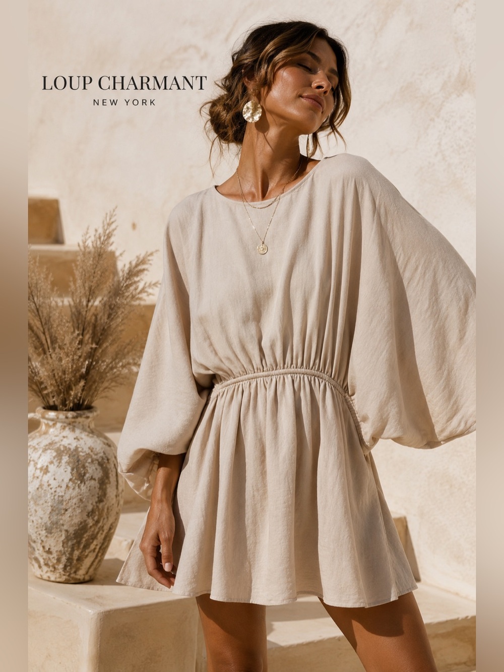 Loup Charmant Kitta Batwing Sleeve Organic Cotton Mini Dress M Beige Boho A6